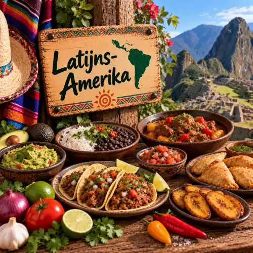 Latijns-Amerikaanse recepten met empanadas, rijst, bonen, bakbananen, avocado, maïs, stoofgerechten en verse kruiden op een rustieke houten tafel