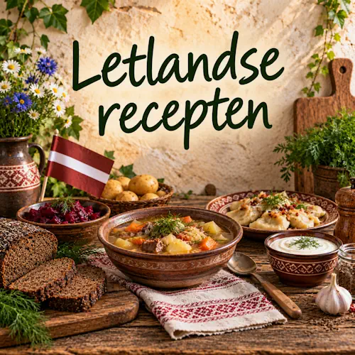 Letlandse gerechten met stevige soep, aardappelen, bieten, donker roggebrood, zure room, dille en traditionele ingrediënten op een rustieke houten tafel