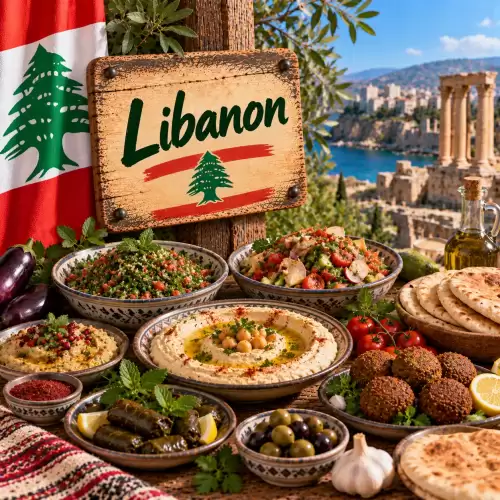 Libanese recepten met hummus, falafel, tabouleh, fattoush, gevulde wijnbladeren, pitabrood, olijven en verse kruiden op een rustieke houten tafel