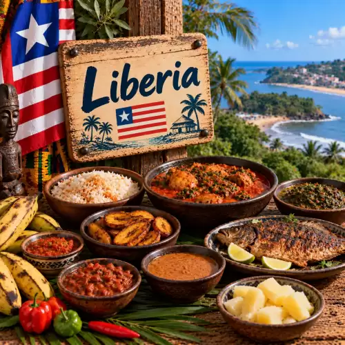 Liberiaanse recepten met rijst, gegrilde vis, stoofgerechten, cassave, bakbananen, bladgroenten, bonen en pepers op een rustieke houten tafel
