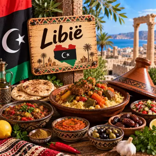 Libische recepten met couscous, stoofgerechten, lamsvlees, groenten, brood, olijven, dadels en Noord-Afrikaanse kruiden op een rustieke houten tafel