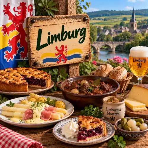Limburgse recepten met Limburgse vlaai, witte asperges, zuurvlees, streekkaas, mosterd, brood en traditionele streekgerechten op een rustieke houten tafel
