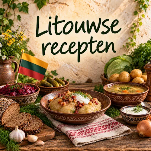 Litouwse gerechten met aardappelgerechten, bietensalade, stevige soep, donker roggebrood, augurken, zure room, dille en traditionele ingrediënten op een rustieke houten tafel