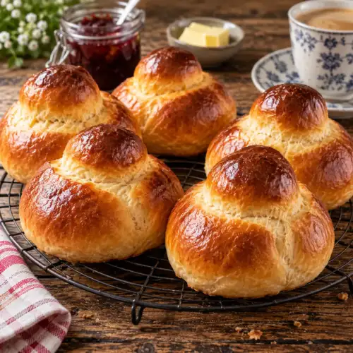 Luchtige Franse brioches met een goudbruine bovenkant en zachte boterige kruim