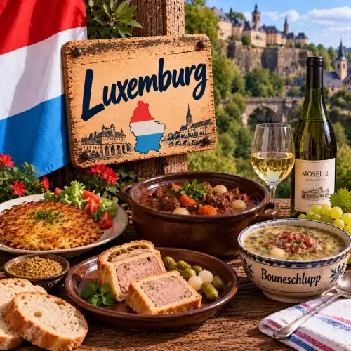 Luxemburgse recepten met Bouneschlupp, stoofgerechten, aardappelgerechten, vleespastei, brood, mosterd en Luxemburgse streekproducten op een rustieke houten tafel