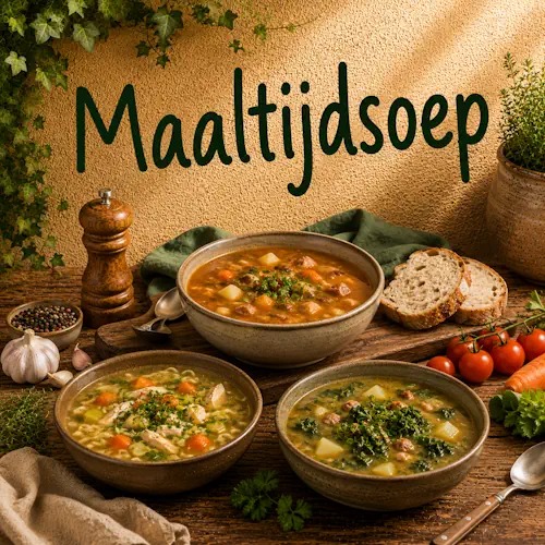 Verschillende maaltijdsoepen met kip, vlees, groenten, aardappelen en verse kruiden met brood op een rustieke houten tafel