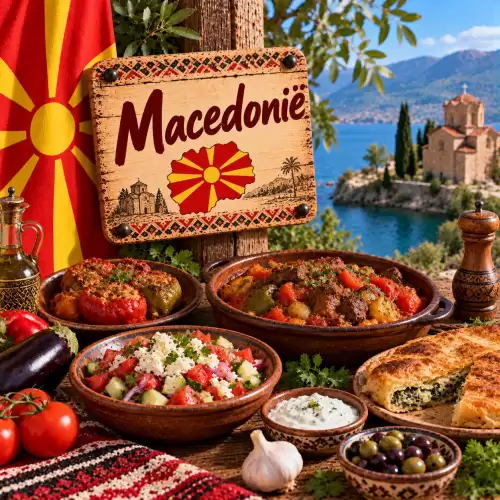 Macedonische recepten met gevulde paprika, tavče gravče, shopska salade, gegrild vlees, burek, ajvar en traditionele Balkangerechten op een rustieke houten tafel