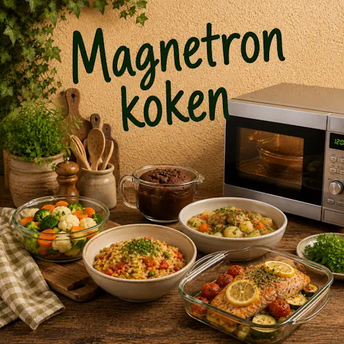 Verschillende gerechten uit de magnetron met groenten, aardappelen, rijst, vis en een klein chocoladecakeje op een rustieke houten tafel