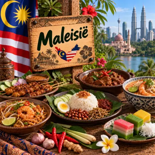 Maleisische recepten met nasi lemak, saté, rendang, laksa, gebakken noedels, sambal en kleurrijke kuih op een rustieke houten tafel