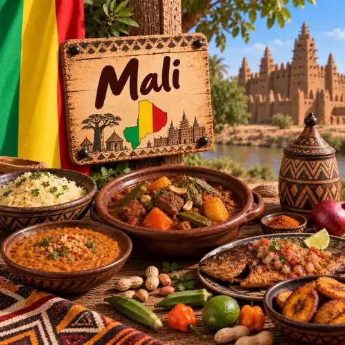 Malinese recepten met rijst, pindastoofpot, gegrilde vis, groenten, bakbananen, pinda's en traditionele West-Afrikaanse gerechten op een rustieke houten tafel