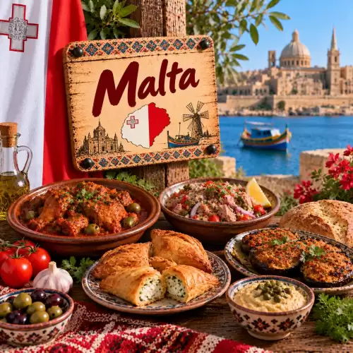Maltese recepten met pastizzi, ftira, stoofgerecht, tonijnsalade, gevulde groenten, bigilla, olijven en mediterrane ingrediënten op een rustieke houten tafel