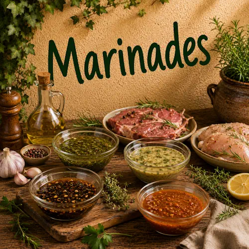 Verschillende zelfgemaakte marinades met kruiden, specerijen, knoflook, citroen en olie voor kip en vlees op een rustieke houten tafel