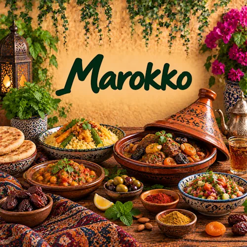 Marokkaanse gerechten met tajine, couscous, kikkererwten, groenten, olijven, dadels, kruiden, specerijen en muntthee op een rustieke houten tafel