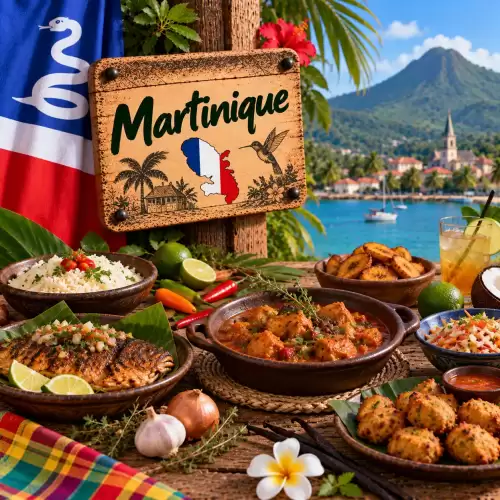 Martinikaanse recepten met accras, gegrilde vis, rijst, stoofgerechten, bakbananen, tropische groenten, limoen en Caribische kruiden op een rustieke houten tafel