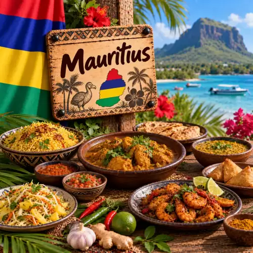 Mauritiaanse recepten met curry, rijst, dal, samosa's, garnalen, chutney, groenten en tropische ingrediënten op een rustieke houten tafel