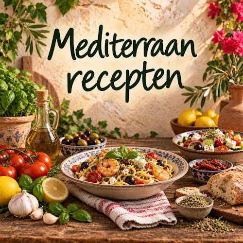 Mediterrane gerechten met pasta, garnalen, tomaten, olijven, feta, salade, citroen, brood, olijfolie en verse kruiden op een rustieke houten tafel