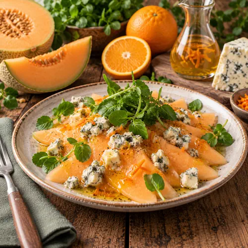 Dunne plakjes galiameloen met pittige blauwe kaas, waterkers en frisse sinaasappeldressing