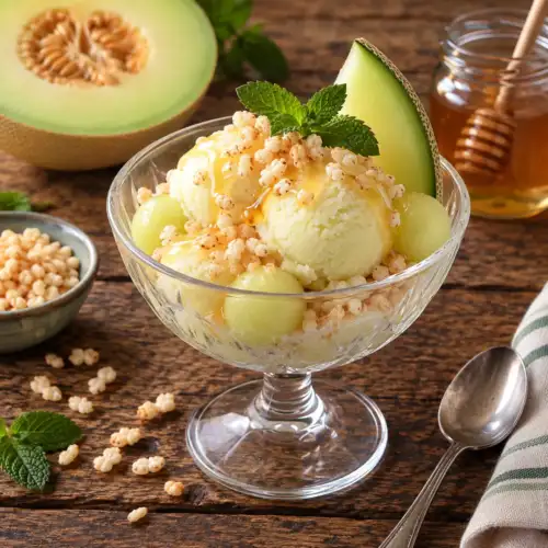 Meloendessert met yoghurt, honing, meloenbolletjes en knapperige rice-crispies