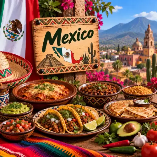 Mexicaanse recepten met taco's, enchilada's, quesadilla's, rijst, bonen, guacamole, salsa, avocado en chilipepers op een rustieke houten tafel