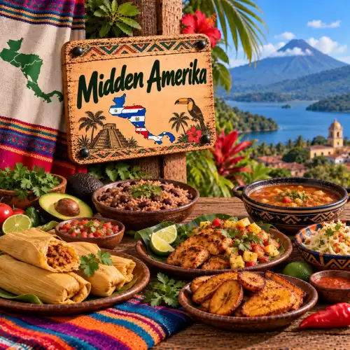 Midden-Amerikaanse recepten met tamales, rijst, bonen, gegrilde vis, bakbananen, avocado, salsa en tropische groenten op een rustieke houten tafel