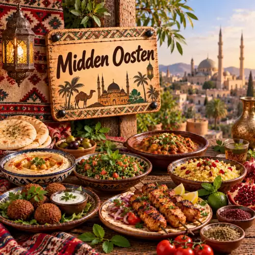 Midden-Oosterse recepten met hummus, falafel, tabouleh, kebab, rijst, platbrood, olijven, granaatappel en aromatische kruiden op een rustieke houten tafel