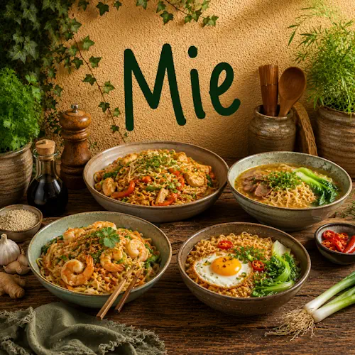 Verschillende gerechten met mie zoals gebakken mie met kip en groenten, mie met garnalen en noedelsoep op een rustieke houten tafel
