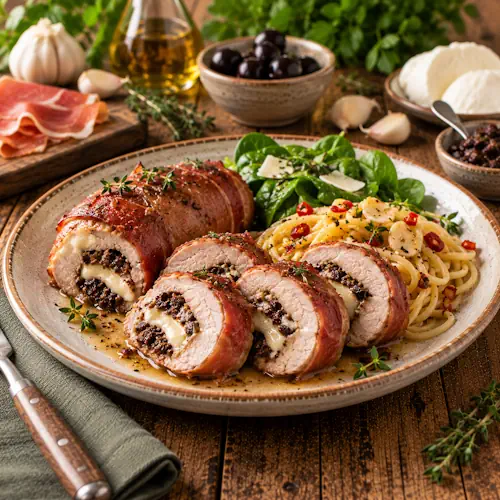 Minirollade van varkenshaas gevuld met zwarte olijventapenade en gesmolten mozzarella, omwikkeld met serranoham en in plakken gesneden, geserveerd op een rustieke houten tafel.