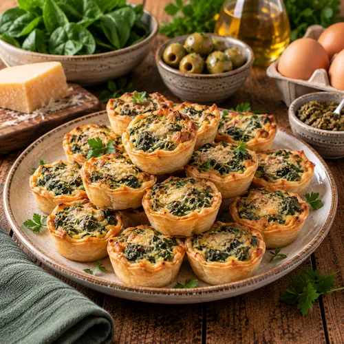 Goudbruin gebakken minispinazietaartjes met romige spinazievulling, groene olijventapenade en Parmezaanse kaas, geserveerd op een rustieke bruine houten tafel.