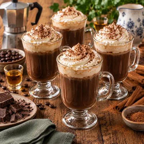 Warme Hollandse chocoladekoffie met kaneellikeur, pure chocolade en slagroom