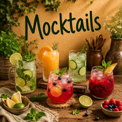 Verschillende kleurrijke mocktails met limoen, citroen, komkommer, munt, bessen en ijs op een rustieke houten tafel