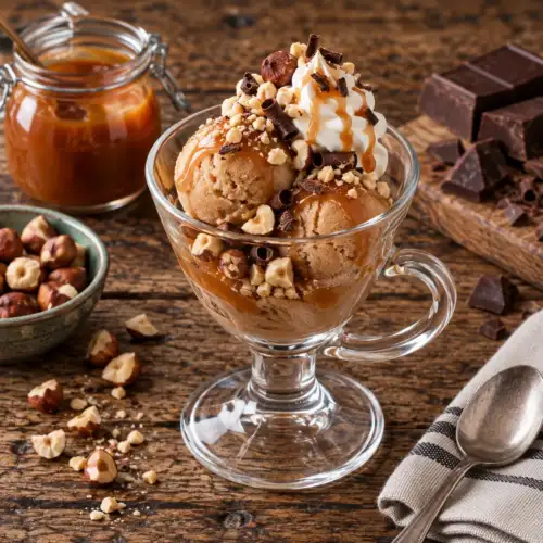 Mokka-karameldessert met yoghurt, hazelnoten, walnoten, slagroom en karamelsaus