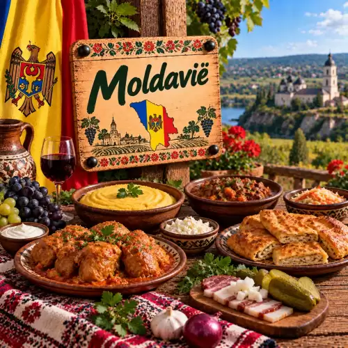 Moldavische recepten met sarmale, mămăligă, stoofgerechten, hartige deeggerechten, kaas, ingelegde groenten, druiven en traditionele gerechten op een rustieke houten tafel