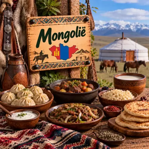 Mongoolse recepten met buuz, vleesstoofpot, gebakken vlees met groenten, platbrood, zuivel en traditionele gerechten op een rustieke houten tafel