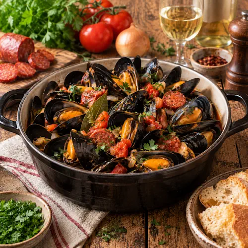 Spaanse mosselen met pittige chorizo, tomaat, ui, witte wijn en verse peterselie, geserveerd in een rustieke pan op een warme bruine houten tafel.