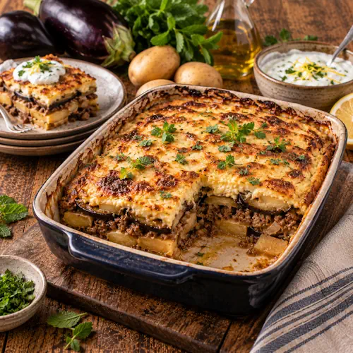 Griekse moussaka met laagjes aubergine, aardappel en gekruid gehakt, afgedekt met een goudbruin gebakken citroenyoghurtlaag en geserveerd met verse kruiden.