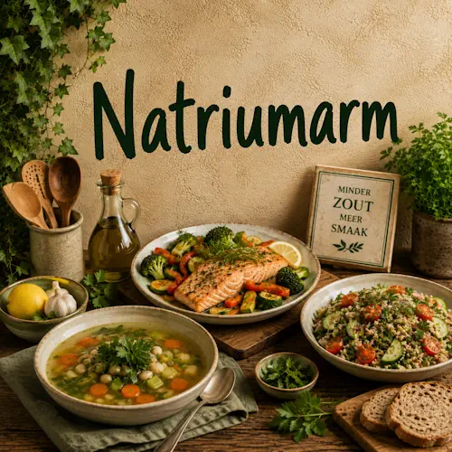 Natriumarme gerechten met zalm, groenten, soep, salade, verse kruiden en citroen op een rustieke houten tafel