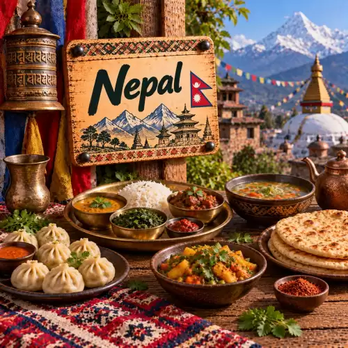 Nepalese recepten met momo, dal bhat, curry, rijst, groenten, platbrood, chutney en traditionele gerechten op een rustieke houten tafel