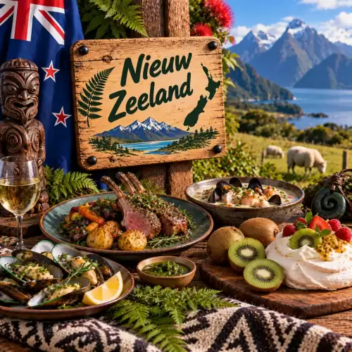 Nieuw-Zeelandse recepten met lamsvlees, groene mosselen, vissoep, geroosterde groenten, pavlova, kiwi en traditionele gerechten op een rustieke houten tafel