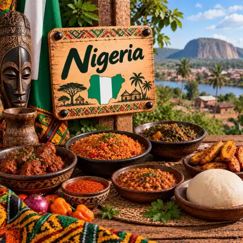 Nigeriaanse recepten met jollof rice, stoofvlees, bonen, bladgroenten, fufu, gebakken bakbananen en pittige saus op een rustieke houten tafel