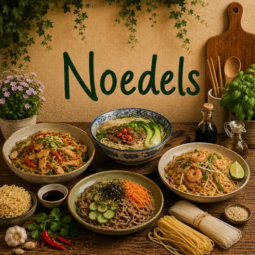 Verschillende noedelgerechten met kip, rundvlees, garnalen en groenten naast diverse soorten noedels, kruiden en smaakmakers op een rustieke houten tafel