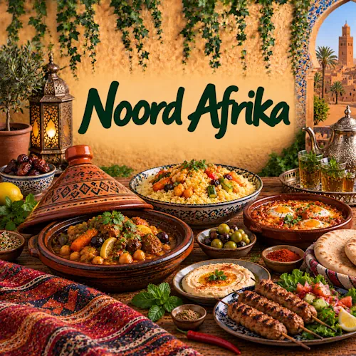 Noord-Afrikaanse gerechten met tajine, couscous, shakshuka, gegrild vlees, kikkererwten, olijven, platbrood, kruiden, specerijen en muntthee op een rustieke houten tafel