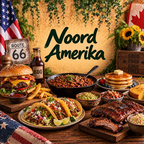Noord-Amerikaanse gerechten met hamburgers, barbecue ribs, taco’s, chili, pancakes, friet, maïsbrood, guacamole en frisse salade op een rustieke houten tafel