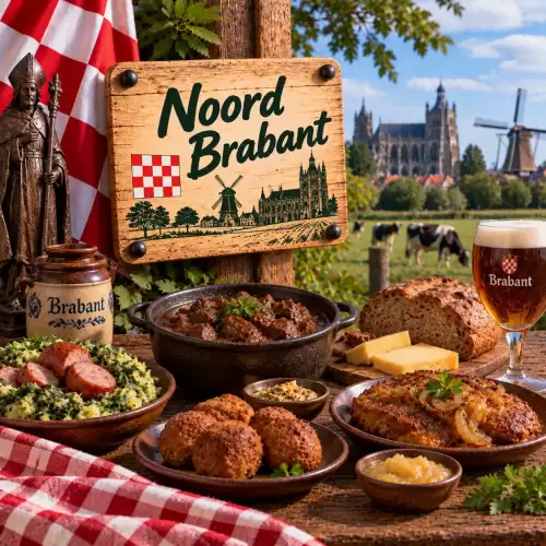 Noord-Brabantse recepten met stoofvlees, stamppot, worstenbroodjes, kaas, brood, mosterd en traditionele Brabantse gerechten op een rustieke houten tafel