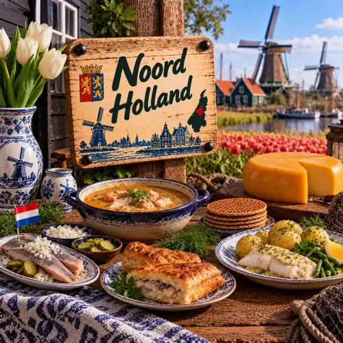 Noord-Hollandse recepten met haring, vis, aardappelen, kaas, soep, stroopwafels en traditionele streekgerechten op een rustieke houten tafel