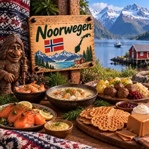 Noorse recepten met zalm, garnalen, vissoep, gehaktballen, aardappelen, wafels, bruine kaas en traditionele gerechten op een rustieke houten tafel