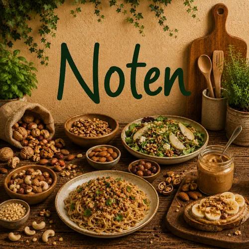 Verschillende soorten noten zoals walnoten, amandelen, hazelnoten en cashewnoten met salade, noedels en brood met notenpasta op een rustieke houten tafel