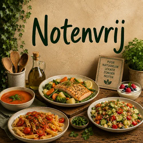 Notenvrije gerechten met zalm, groenten, soep, pasta, salade en yoghurt met fruit op een rustieke houten tafel