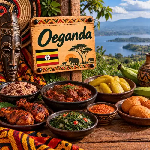 Oegandese recepten met matoke, vleesstoofpot, gegrilde kip, rijst, bonen, bladgroenten, saus en traditionele gerechten op een rustieke houten tafel