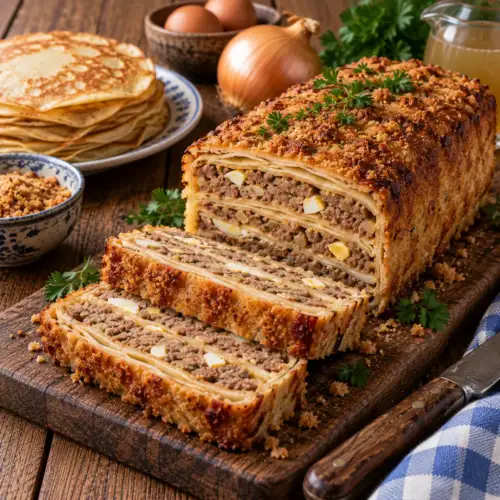 Oekraïens gehaktbrood met laagjes hartige pannenkoek, gekruid gehakt en hardgekookt ei