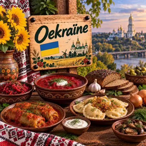 Oekraïense recepten met borsjtsj, varenyky, holubtsi, roggebrood, ingelegde groenten, zure room en traditionele gerechten op een rustieke houten tafel